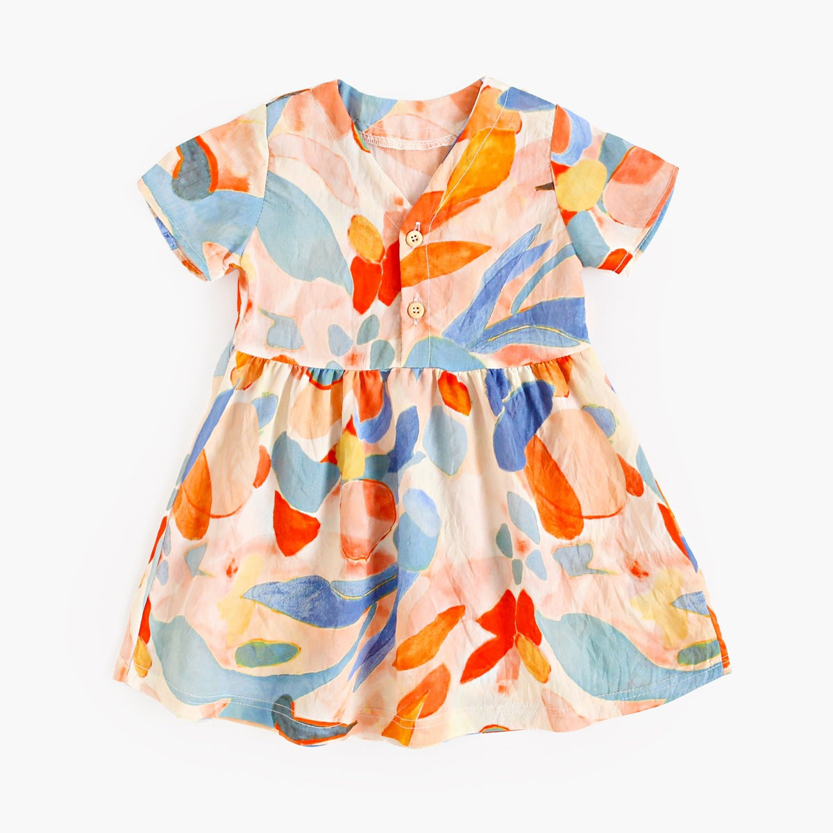 Summer New Arrival Baby Girls Casual Leaves Print Short Sleeves V Neck Dress