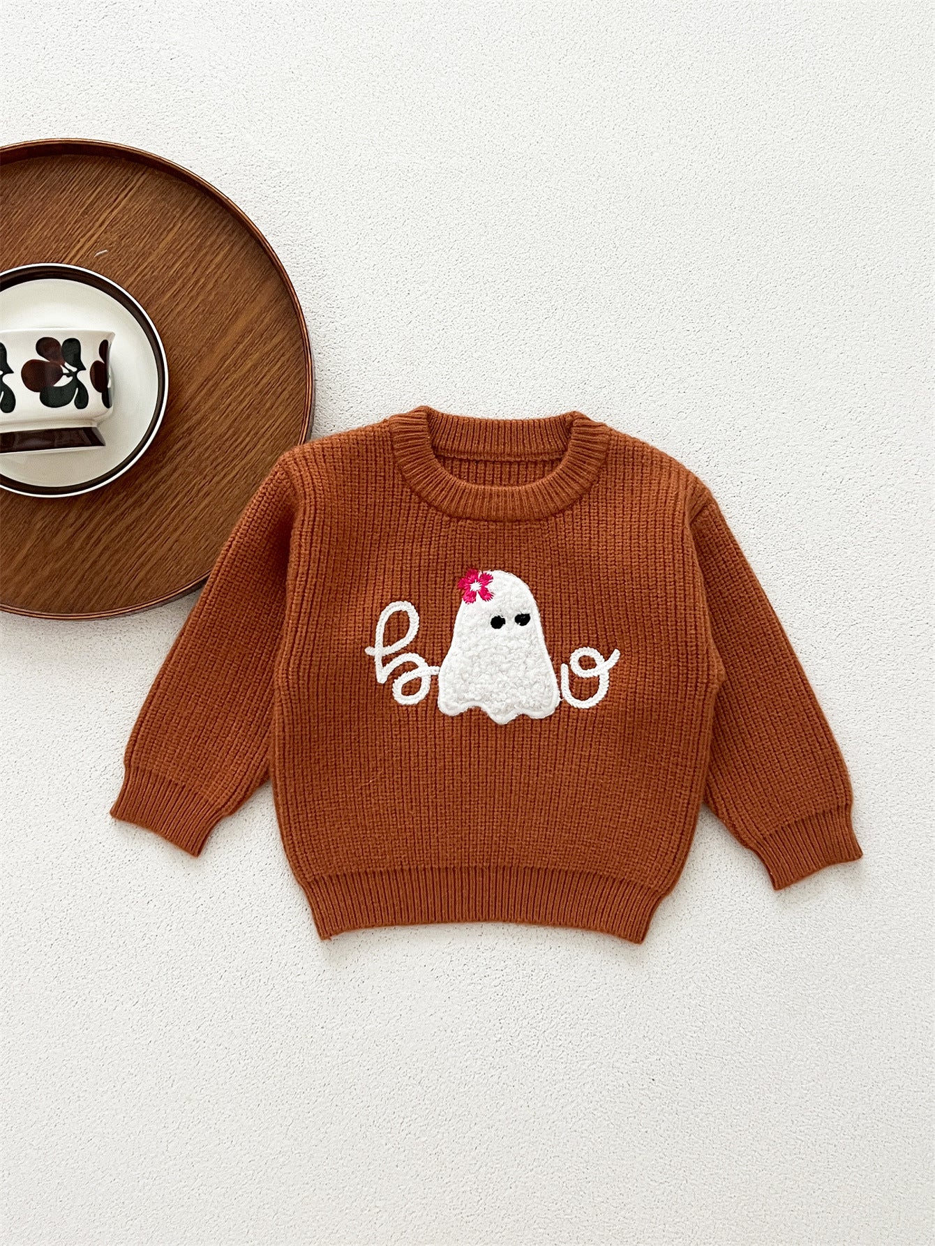 Autumn New Arrival Baby Kids Unisex Comfortable Halloween Ghost Pattern Knitted Long Sleeves Pullover