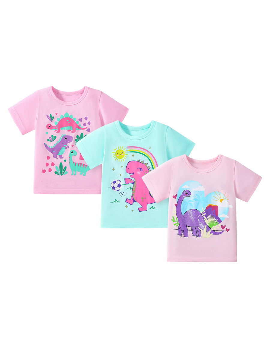 Pieces Girls’ Dinosaurs Cartoon Pattern Short Sleeves T-shirt in European and American Style for Summer