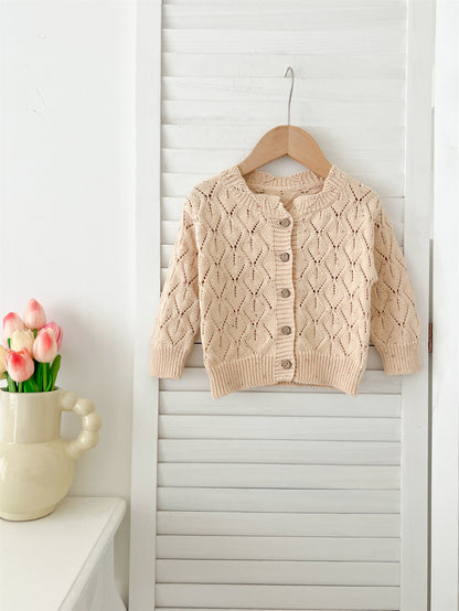 Autumn New Arrival Baby Kids Girls Comfortable Hollow-out Argyle Knitted Long Sleeves Cardigan