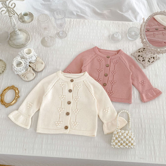 Autumn New Arrival Baby Kids Girls Comfortable Solid Color Jacquard Pattern Knitted Long Sleeves Cardigan