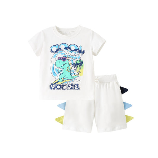 Conjunto de ropa de verano para bebés y niños con estampado de dibujos animados de dinosaurios refrescantes y pantalones cortos 