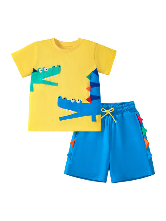 Conjunto de camiseta y pantalones cortos con estampado de dibujos animados de cocodrilo para bebés y niños de verano