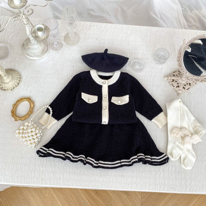 Arrival Autumn Baby Girls Long Sleeves Simple Color Patchwork Knitted Cardigan and Skirt – Clothing Set