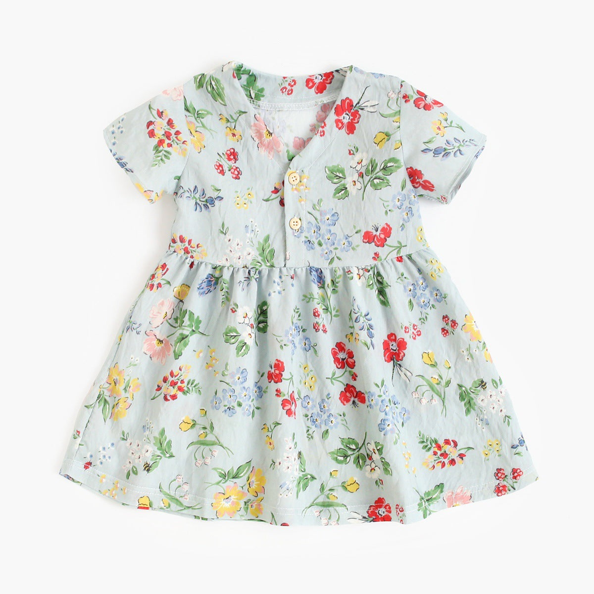 Summer New Arrival Baby Girls Casual Floral Print Short Sleeves V Neck Dress