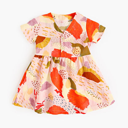 Summer New Arrival Baby Girls Casual Colorful Print Short Sleeves V Neck Dress