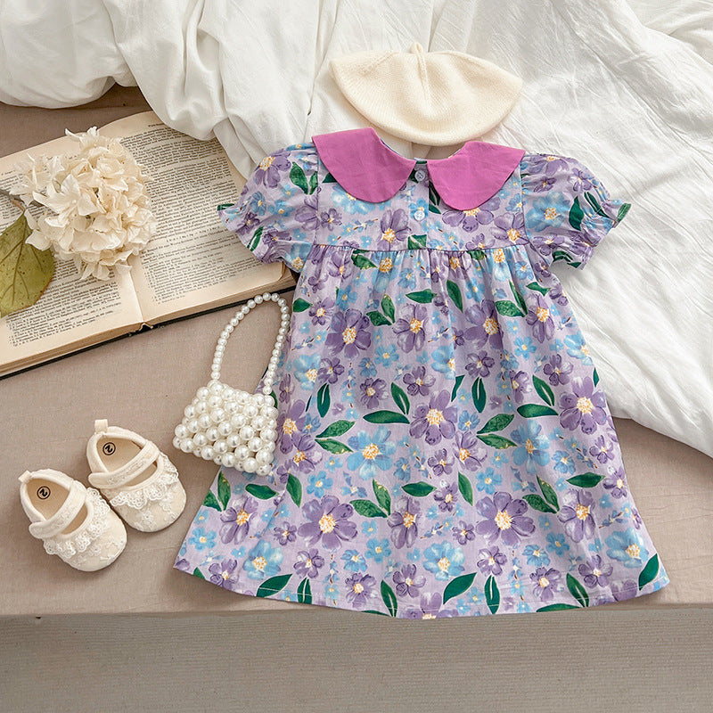 New Arrival Summer Girls Floral Print Short Sleeves Bow Design Collar Dress