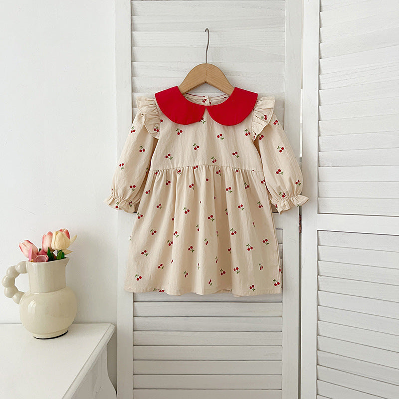 Recién llegado, mono y vestido con cuello Peter Pan y estampado de cerezas de manga larga para niñas y bebés de otoño: conjunto a juego de princesa y hermana 