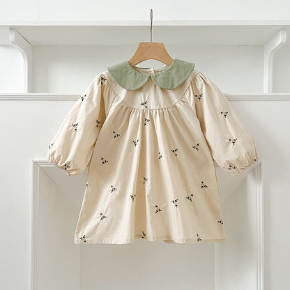 Conjunto de otoño para niñas y bebés con mangas largas y estampado floral bordado, cuello Peter Pan, mono y vestido a juego para princesas y hermanas 