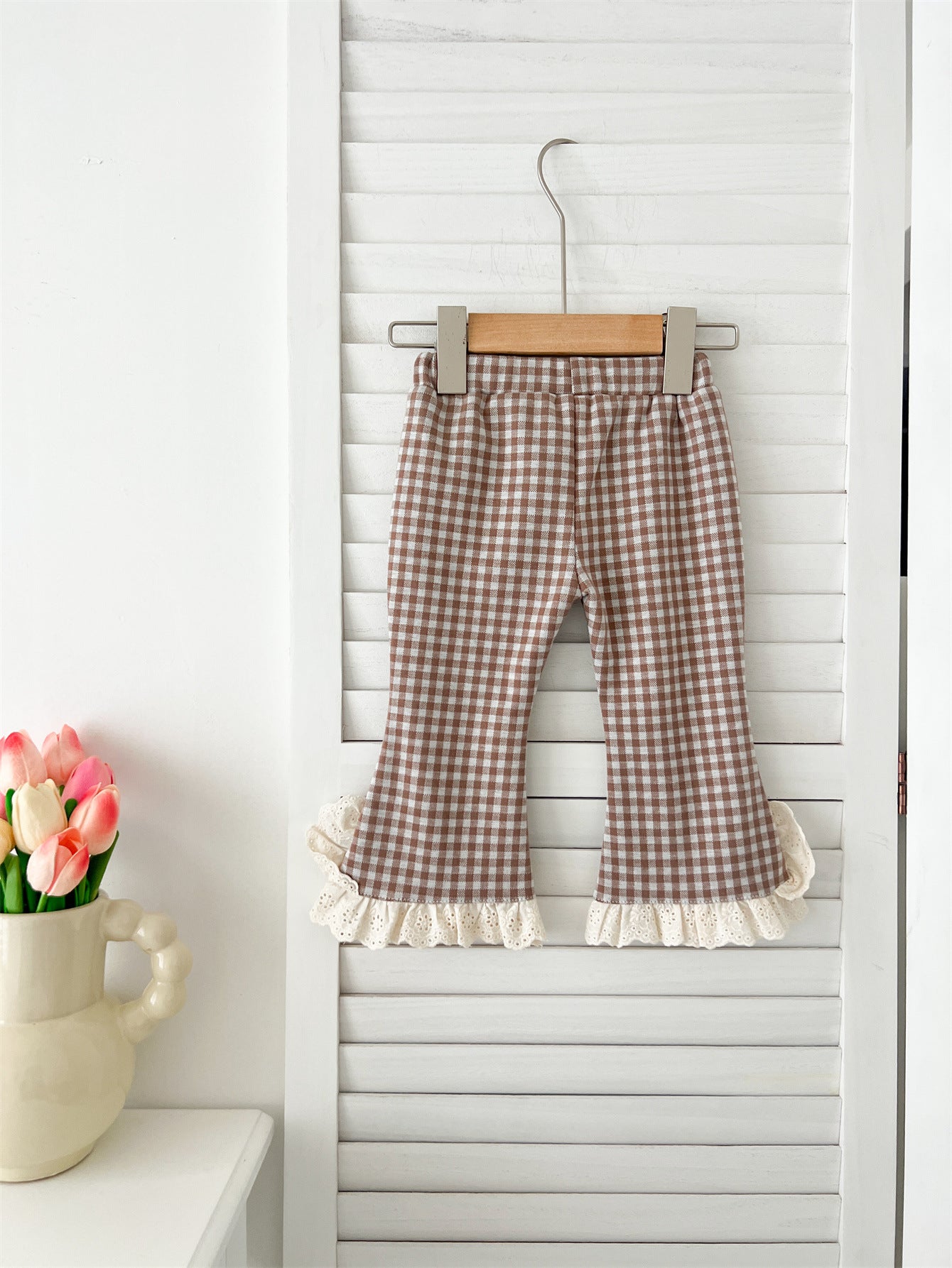 Pantalones a cuadros baratos para niñas y bebés de otoño con ribete de encaje 