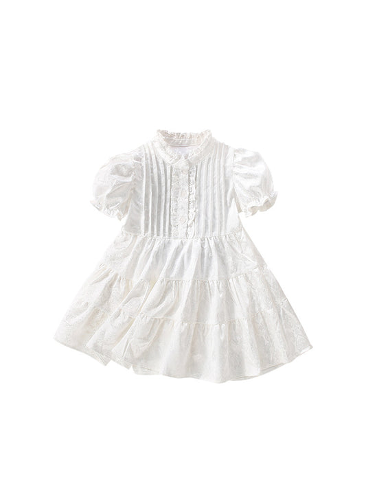Summer New Arrival Girls’ Pleated Solid Color Patchwork Short Sleeves Button Open Front Dress