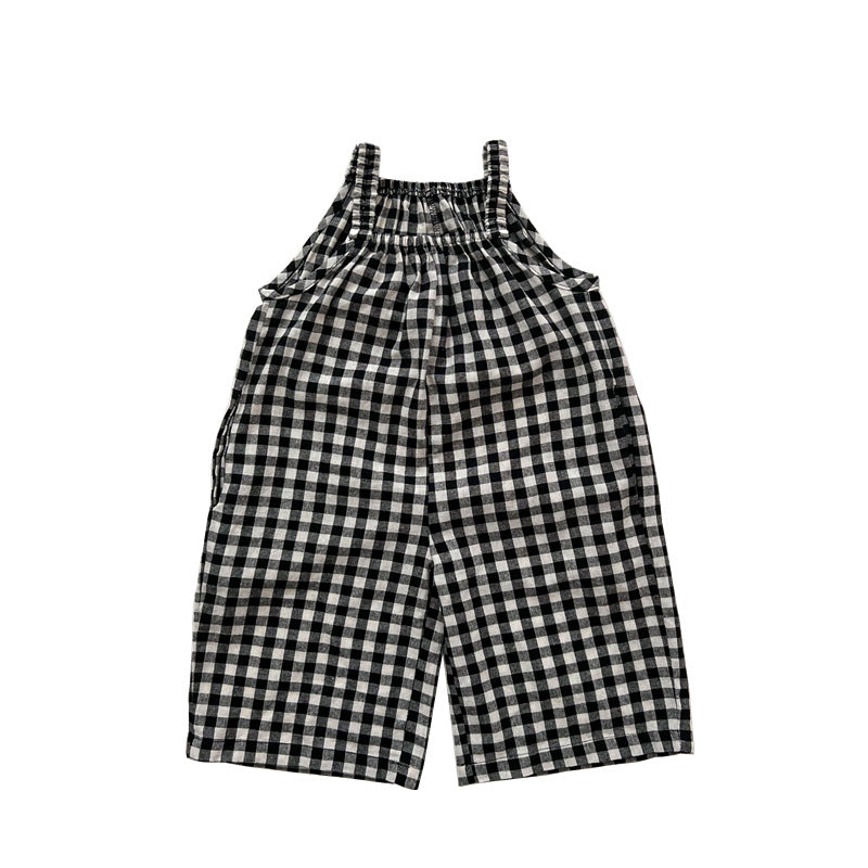 New Arrival Summer Baby Kids Girls Black Plaid Cotton Overalls