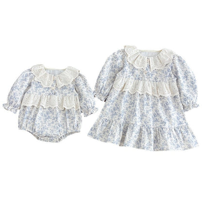 Spring Baby Girls French-style Floral Long-sleeved Onesies and Dress – Princess Sister Matching Set