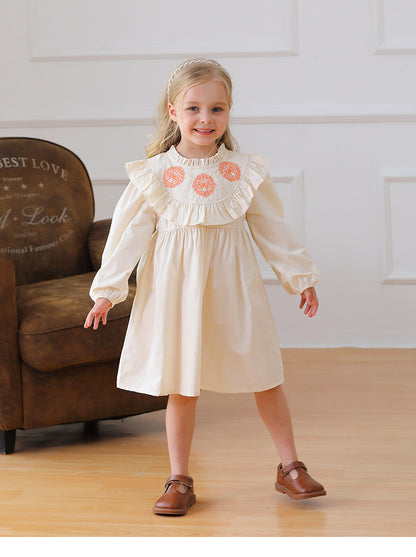 Arrival Autumn Girls Butterfly Embroidery Pattern Long Sleeves Ruffle Neck Dress