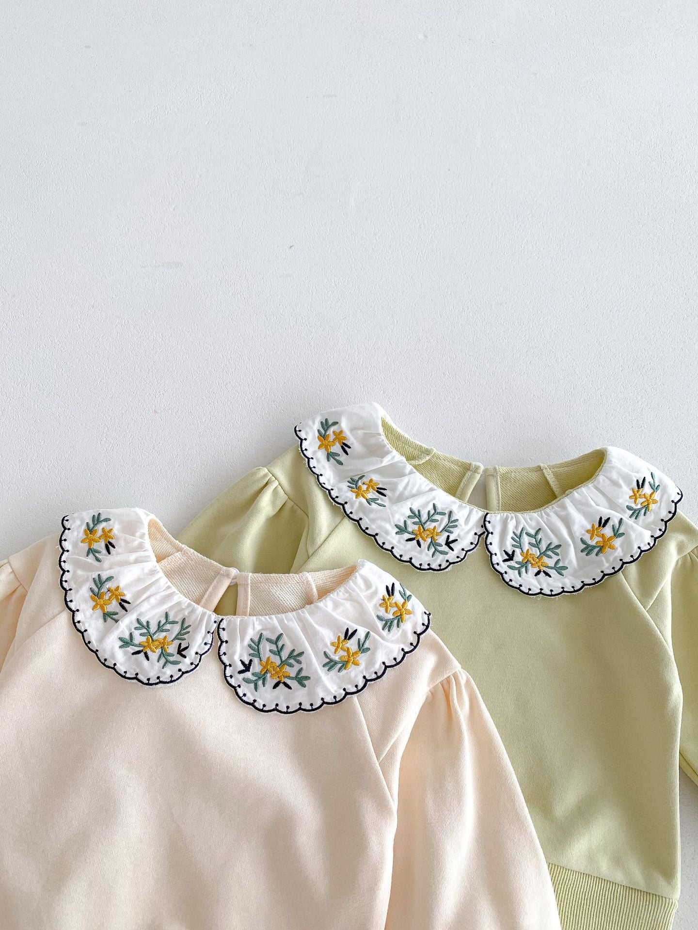 Cute and Versatile Two-Piece Set: Flowers Embroidered Collar Top and Solid Color Pants for Baby Girls and Toddlers