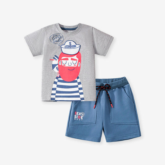 Summer Baby Kids Sailor Cartoon Print T-shirt and Shorts Clothing Set for Boys