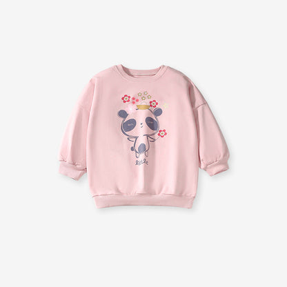 Spring And Autumn Girls Cartoon Panda And Flowers Long Sleeves Top Sweatshirt And Pants Clothing Set