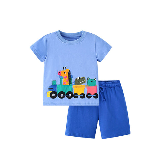 Conjunto de ropa de verano para bebés y niños con estampado de dibujos animados de animales y pantalones cortos de color liso