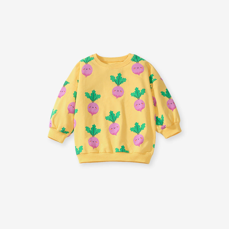 Spring And Autumn Girls Cute Turnip Cartoon Pattern Long Sleeves Top Sweatshirt And Pants Clothing Set