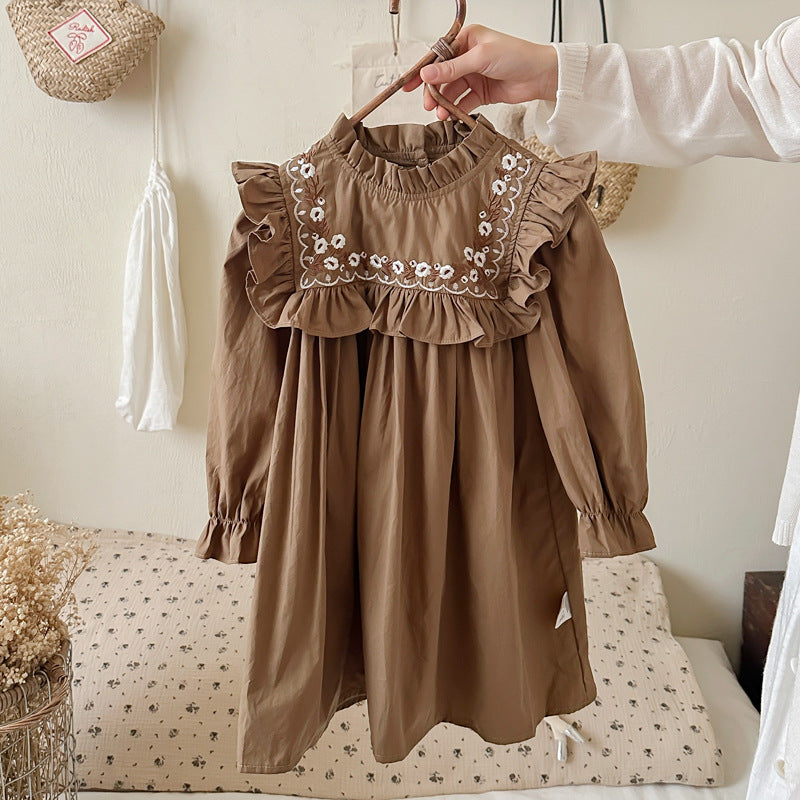 Vestido con volantes estilo francés bordado con patrón de vides para niñas de otoño 