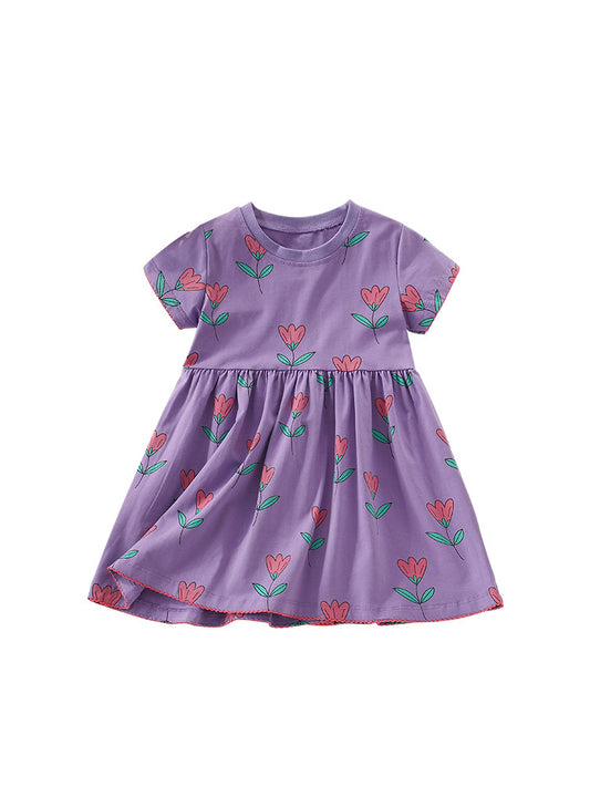 Summer New Arrival Girls’ Flowers Pattern Crew Neck Short Sleeves Purple Dress