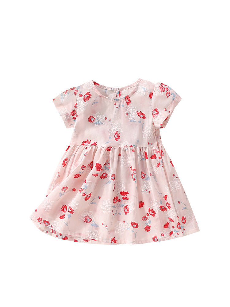 Summer New Design Girls’ Elegant Flowers Pattern Short Sleeves Crew Neck Dress