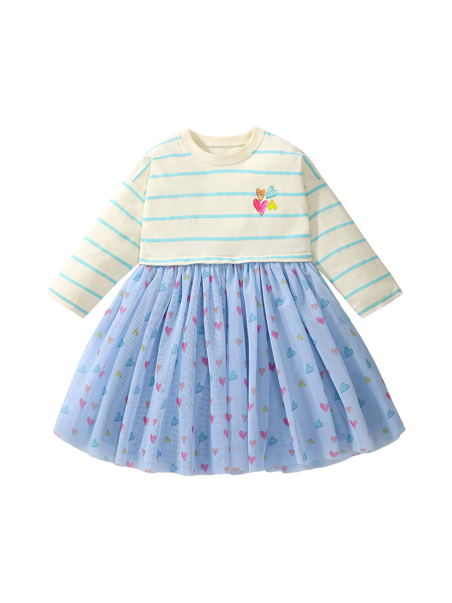 Arrival Autumn Girls Heart Print Crew Neck Long Sleeves Tulle Patchwork Princess Striped Dress