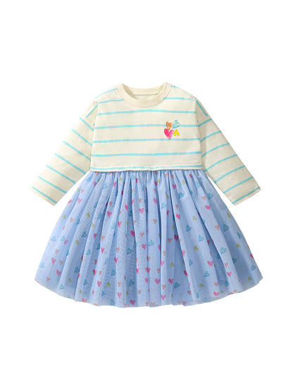 Arrival Autumn Girls Heart Print Crew Neck Long Sleeves Tulle Patchwork Princess Striped Dress