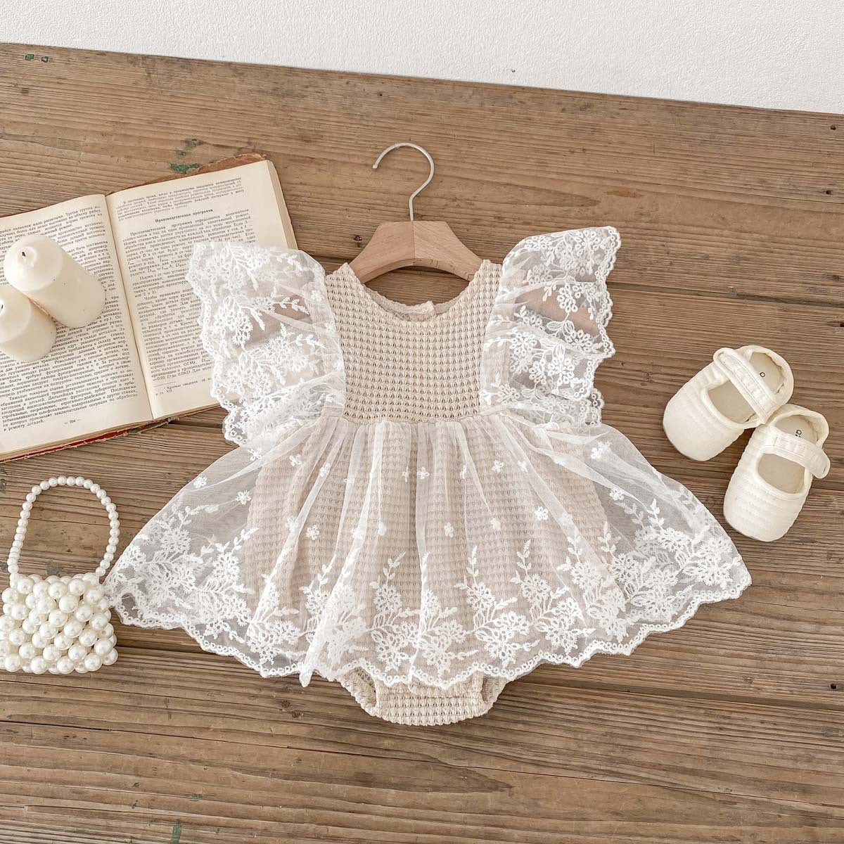 Summer Baby Waffle Pattern Lace Mesh Princess Onesie Dress For Girls