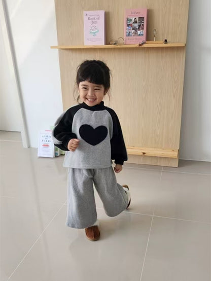 Winter Hot Selling Baby Girls Long Sleeves Simple Heart Pattern Top Pullover and Trousers Set