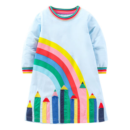 Design Autumn Girls Vivid Colorful Pencils And Rainbow Pattern Long Sleeves Dress