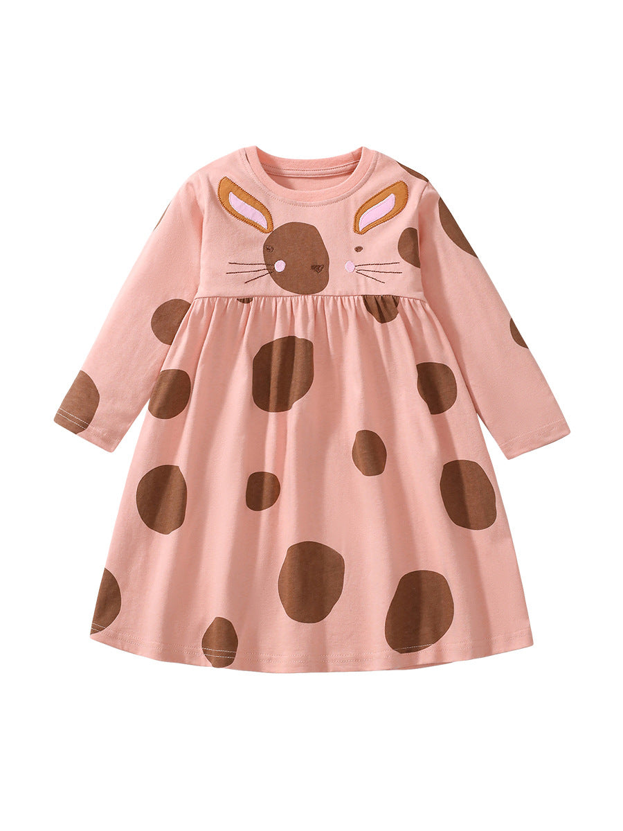 Arrival Autumn Girls Cartoon Rabbit And Polka Dots Pattern Crew Neck Long Sleeves Princess Dress