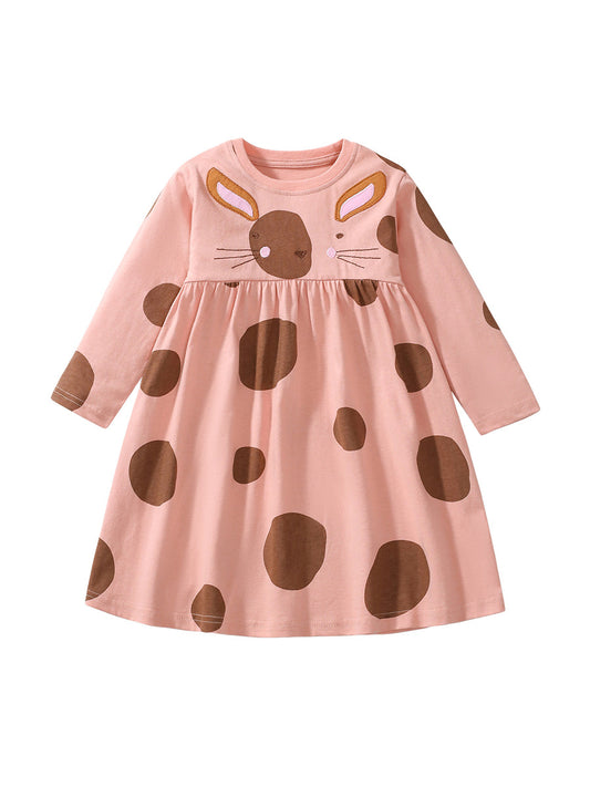 Vestido de princesa de manga larga con cuello redondo y estampado de lunares y conejo de dibujos animados para niñas de otoño 