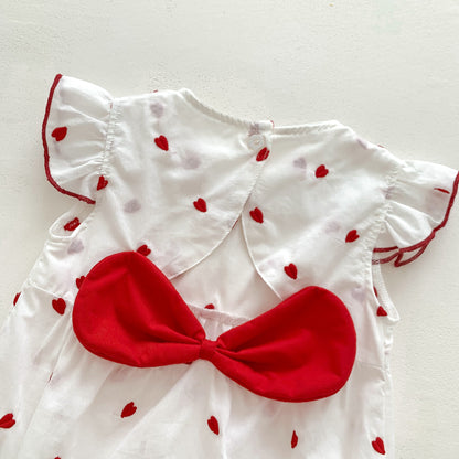 Summer Baby Girls Red Heart Print Fly Sleeves Crew Neck Onesies