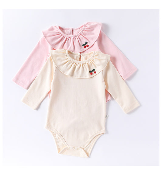 Spring New Arrival Baby Girls Long Sleeves Cherry Embroidered Collar Onesies Bodysuits