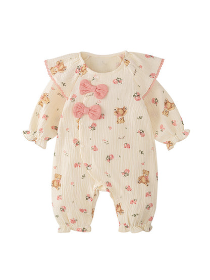 Autumn New Arrival Baby Girls Flowers and Teddy Pattern Butterfly Bows Attached Romper