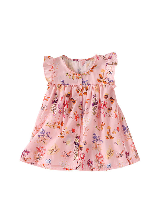 Vestido de cuello redondo con una hilera de botones y mangas abullonadas con estampado de flores para niña de nuevo diseño de verano 