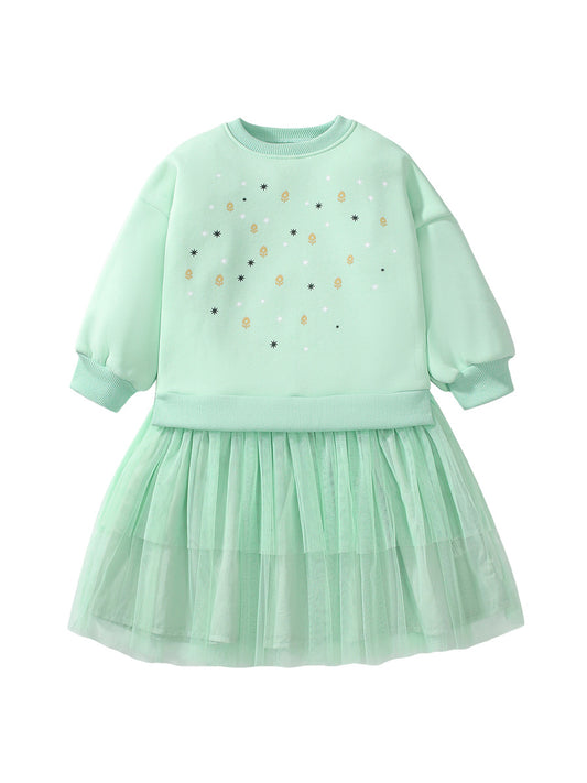 Vestido de princesa con estampado geométrico y cuello redondo de manga larga con retazos de tul verde para niñas de otoño con nuevo diseño 