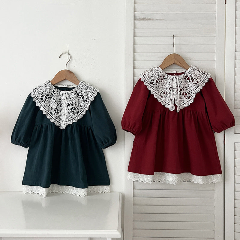 Arrival Autumn Baby Kids Girls Long Sleeves Vintage Hollow-out Lace Collar Dress