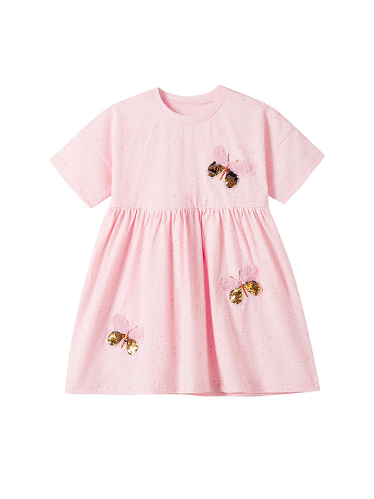 Summer New Arrival Sequin Butterfly Pattern Short Sleeves Pink Dress for Stylish Girls