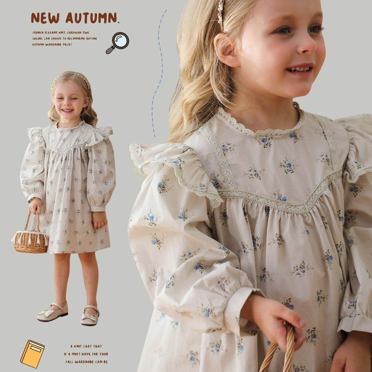 New Arrival Autumn Girls Simple Ruffle Neck Long Sleeves Floral Dress