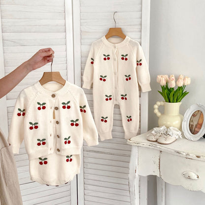 Arrival Autumn Baby Unisex Long Sleeves Cherry Jacquard Pattern Strap Onesies and Crew Neck Cardigan – Matching Set