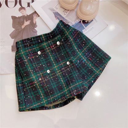 Girls Dark Green Plaid With Dots Open Front Cardigan&Skirt Preppy Suits