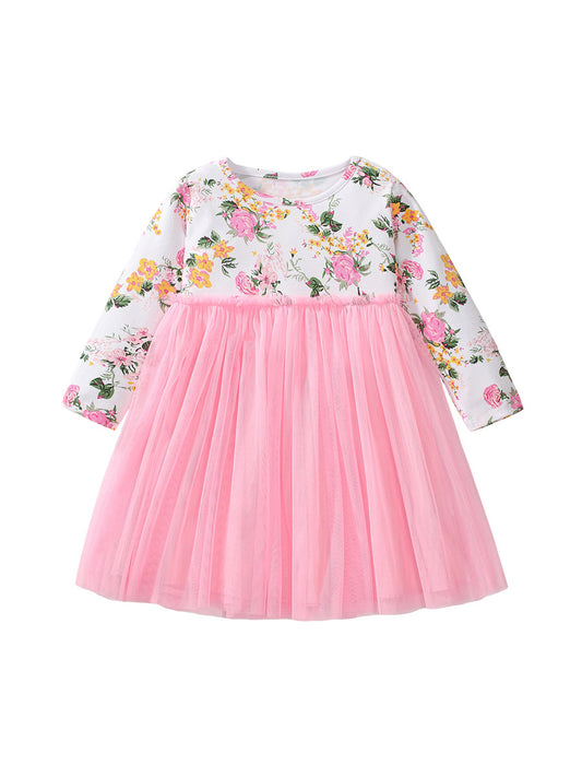 Design Autumn Girls Flowers Pattern Crew Neck Long Sleeves Pink Tulle Patchwork Princess Dress