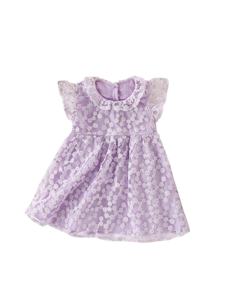 Summer New Arrival Girls’ Daisy Flowers Pattern Embroidery Round Collar Fly Sleeves Dress