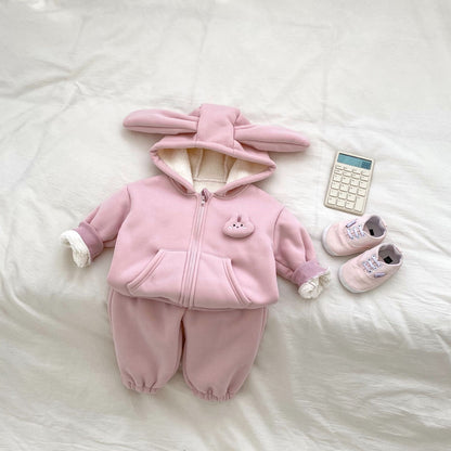 Winter Hot Selling Baby Girls Long Sleeves Simple Rabbit Attached Hooded Top Coat and Thick Trousers Set