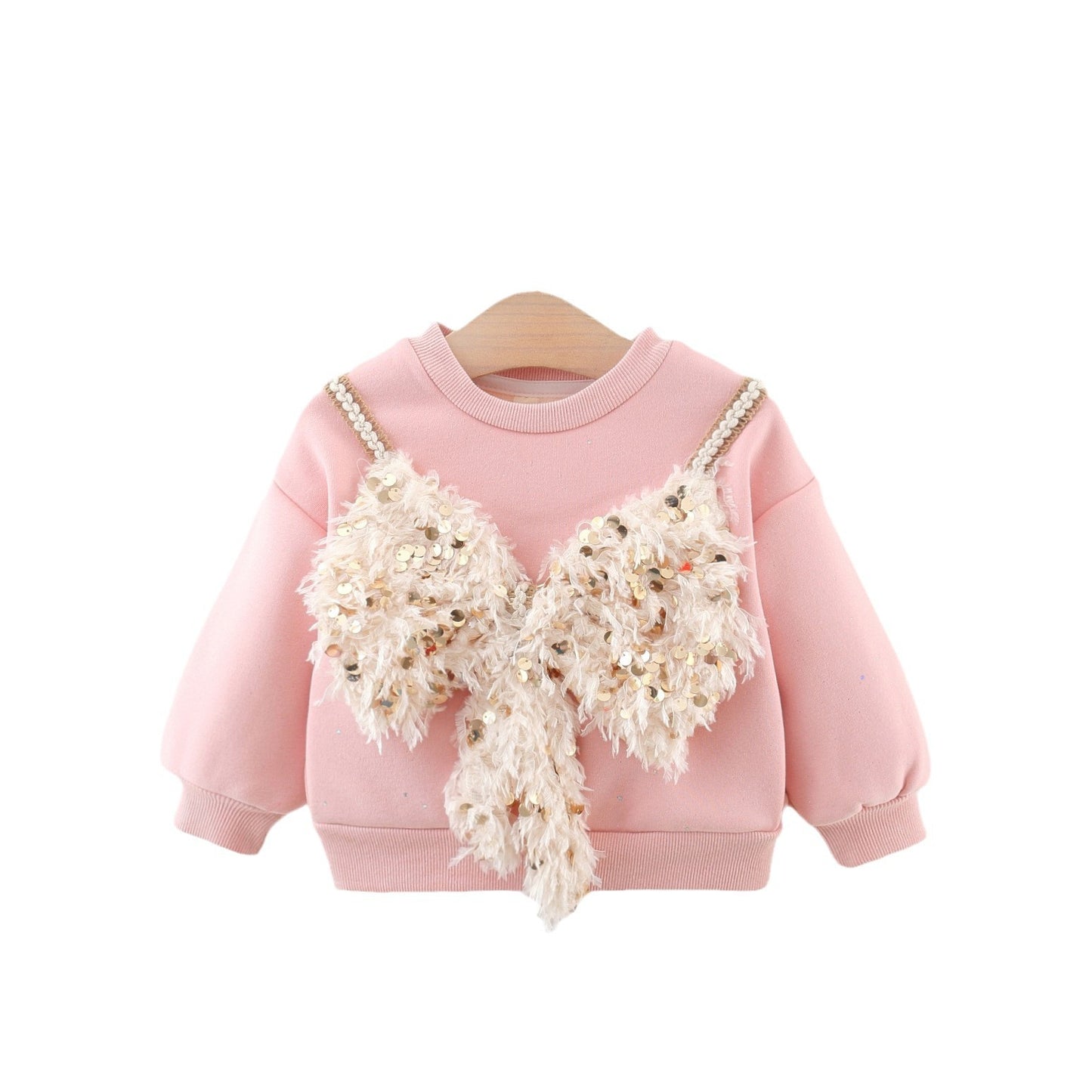 Autumn and Winter New Arrival Girls Fleece Comfortable Long Sleeves Sequin Wing Decorated Top Cute Sweater