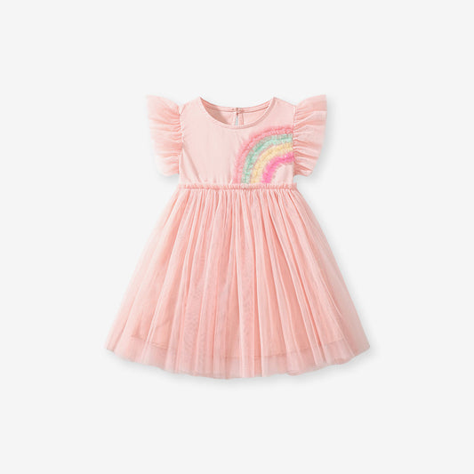 Summer New Arrival Colorful Rainbow Pattern Fly Sleeves Tulle Dress for Stylish Girls