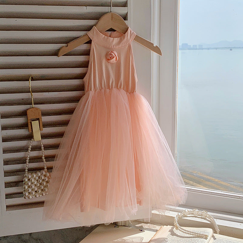 Summer Baby Kids Girls French Crew Neck Sleeveless 3D Flowers Mesh Patchwork Princess Dress