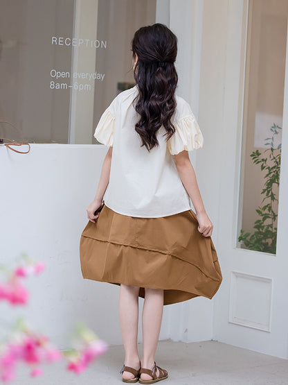 Summer Hot Selling Girls Solid Color Single Breasted Short Sleeves Shirt And Irregular Skirt Clothing Set